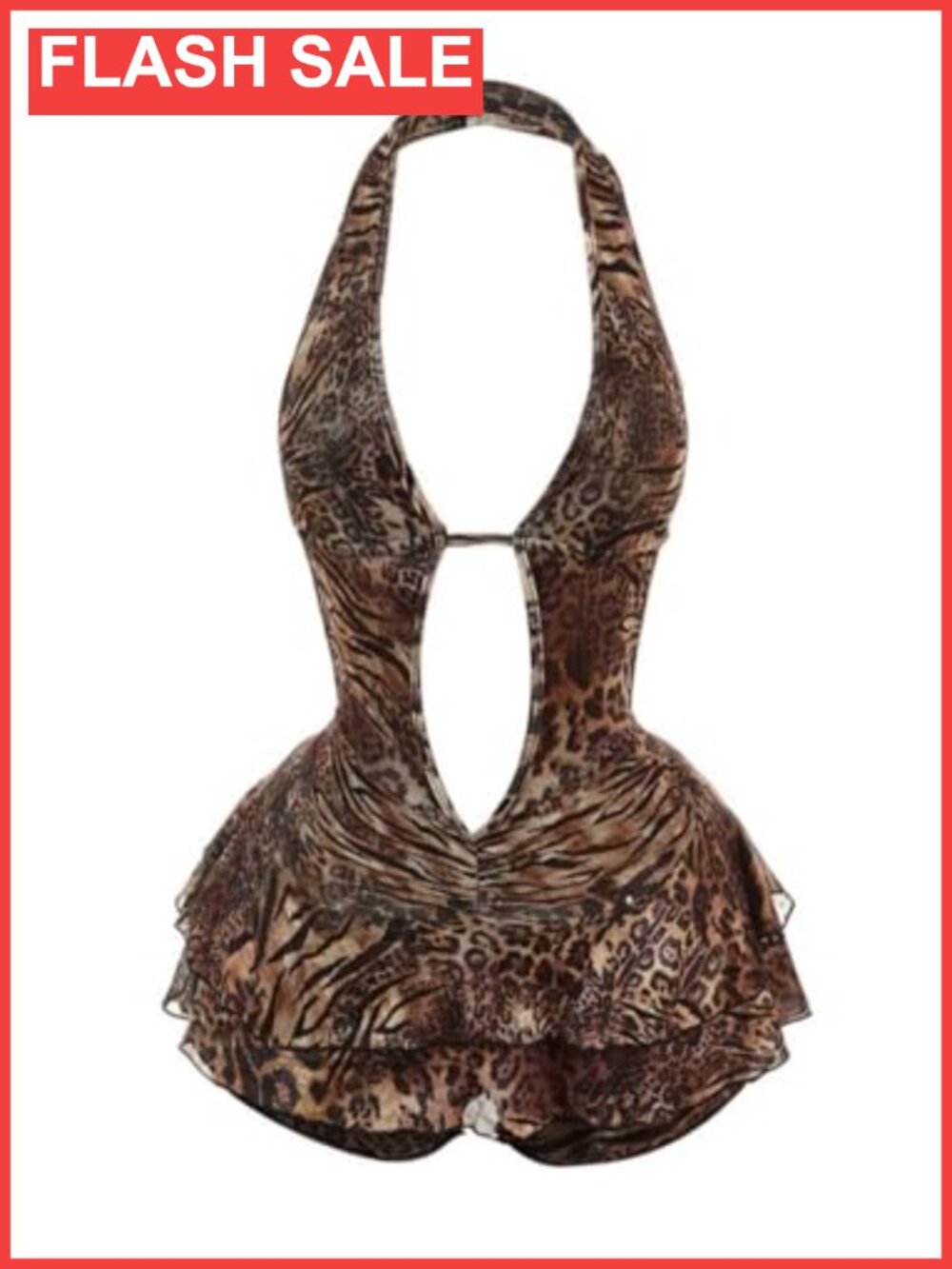 Y2K Leopard Print Halter Romper Backless Tiered Ruffle Club Outfit